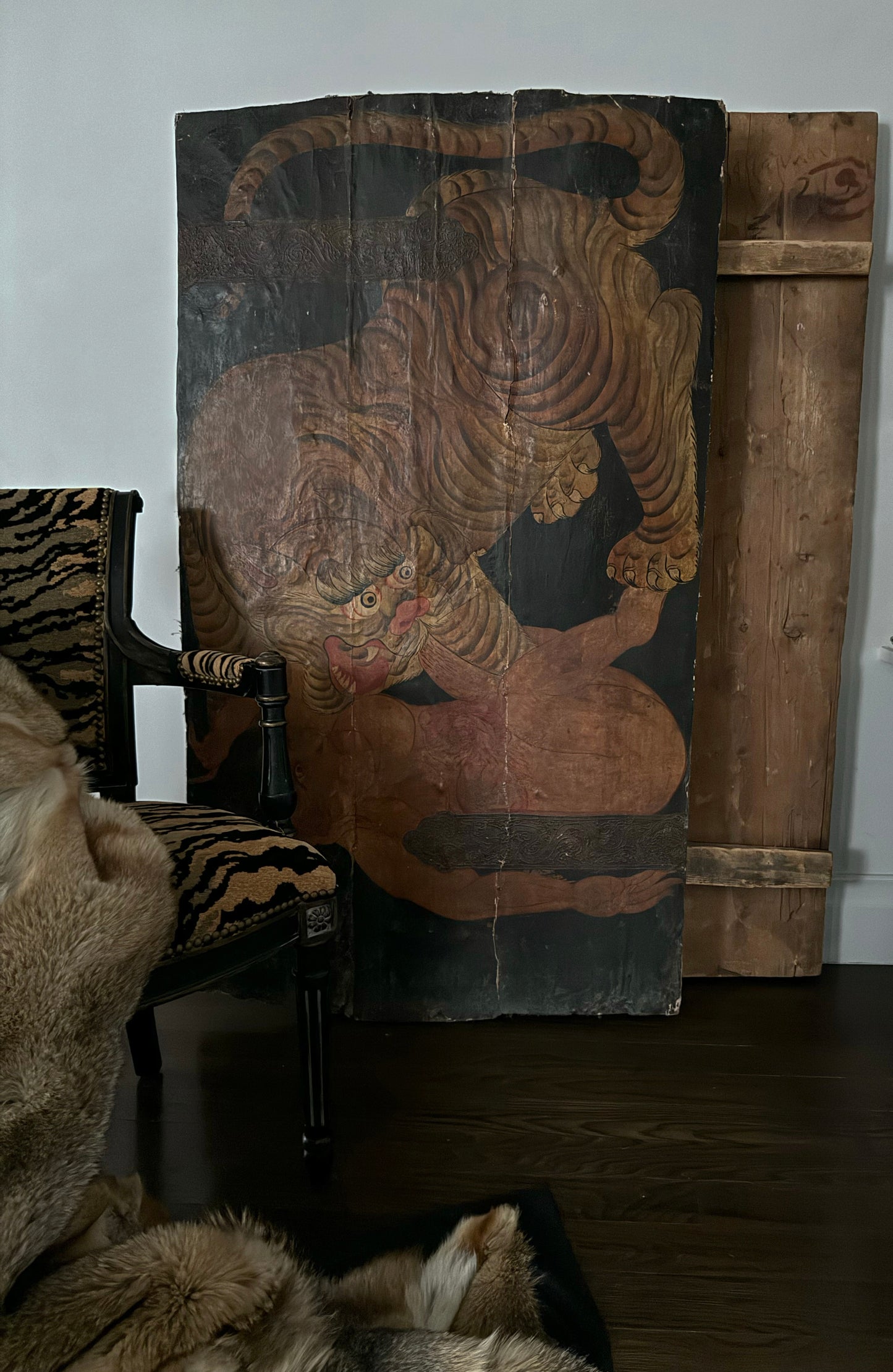 Antique Tibetan Painted Door Panel Tiger Black