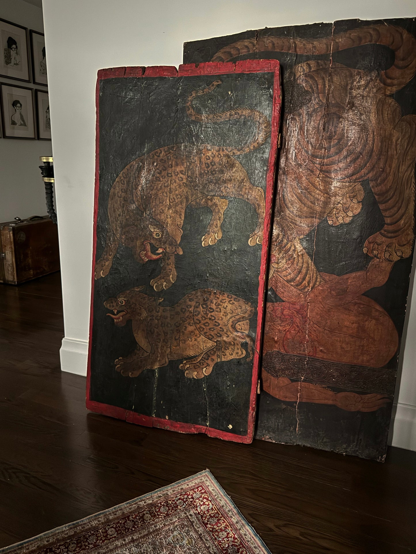 Antique Tibetan Painted Door Panel Leopards