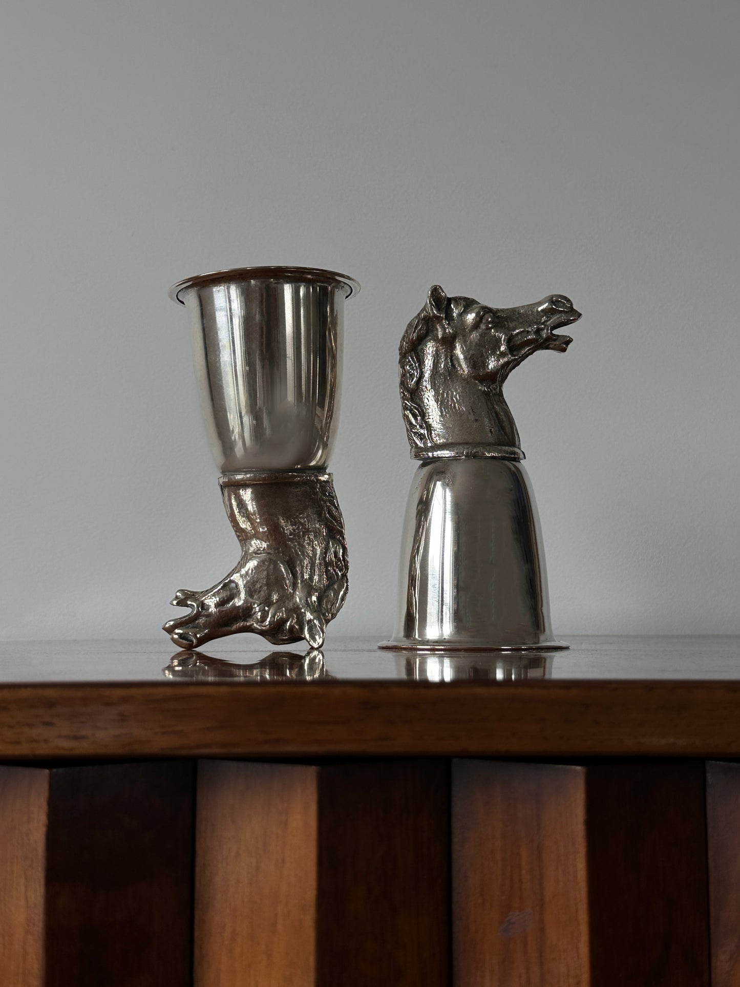 Vintage Italian silver plated bronze Stirrup Cup with figural horse head base in the style of Gucci