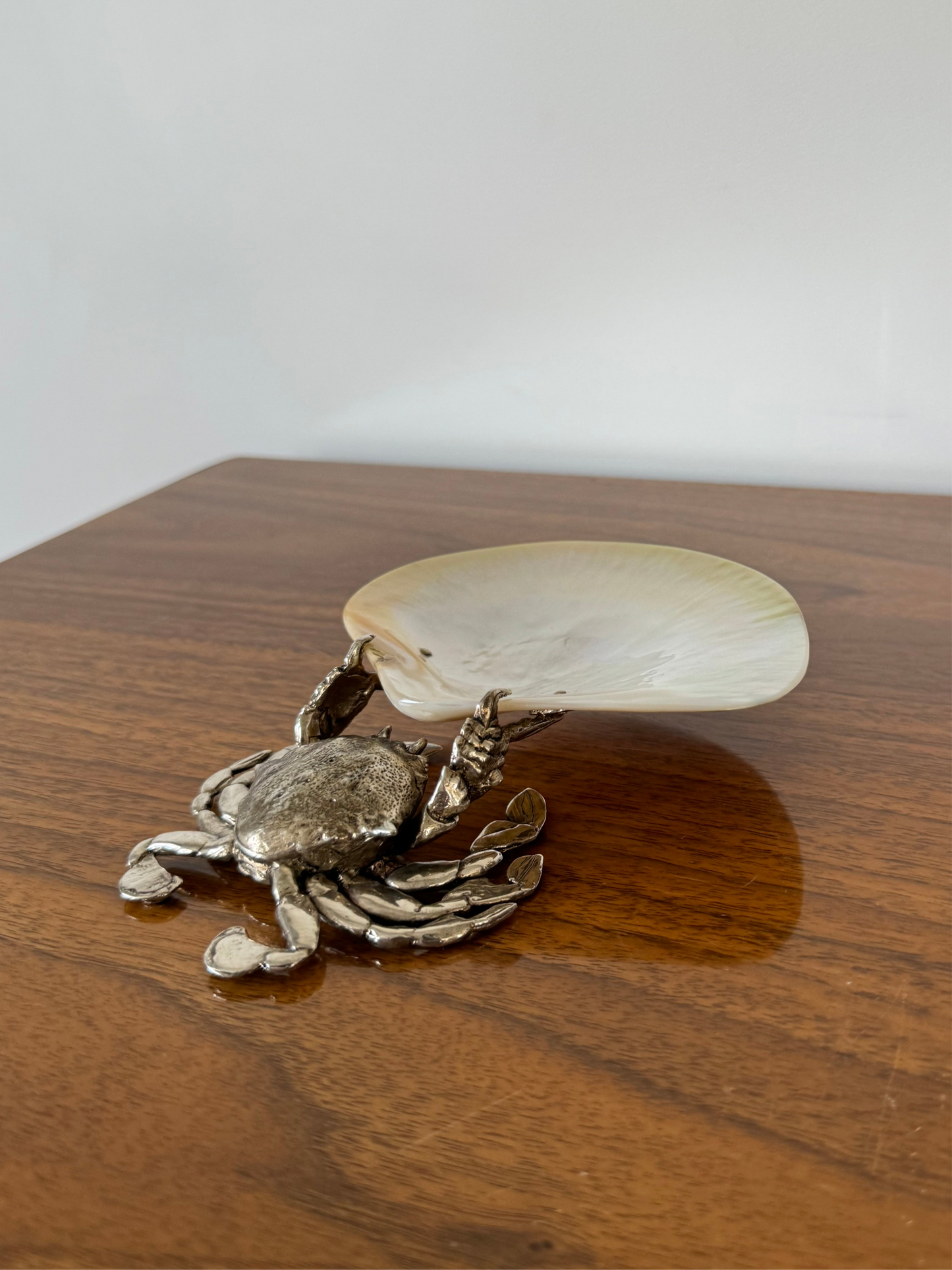 Vintage silver plated crab with oyster shell dish.