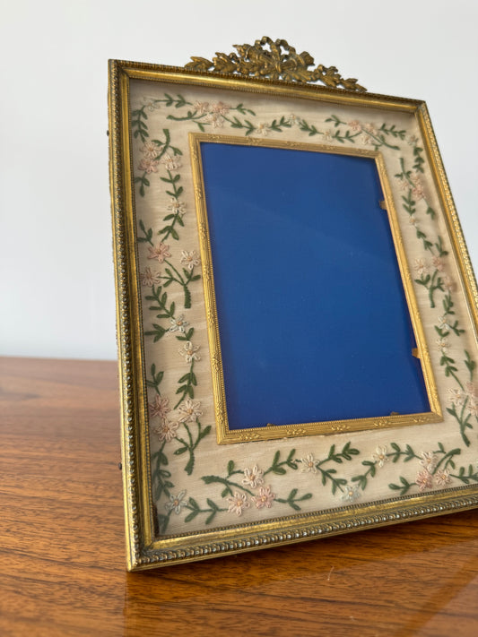 Antique neoclassical bronze Gilt Ormulu frame with embroidered grow grain detail velvet back