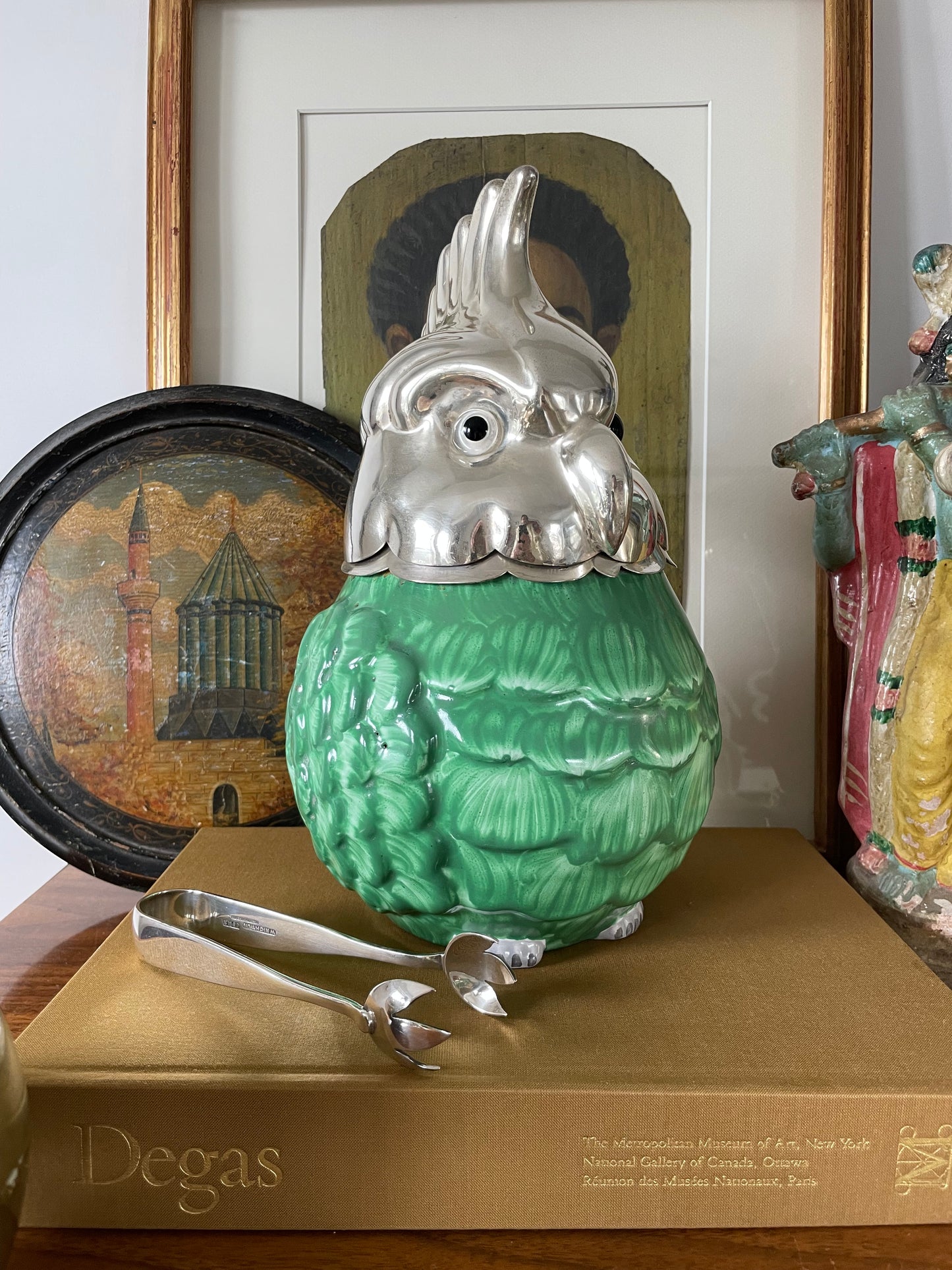 Antique Ceramic and Silver plated Whimsical Austrian Cockatoo Bird Ice Bucket