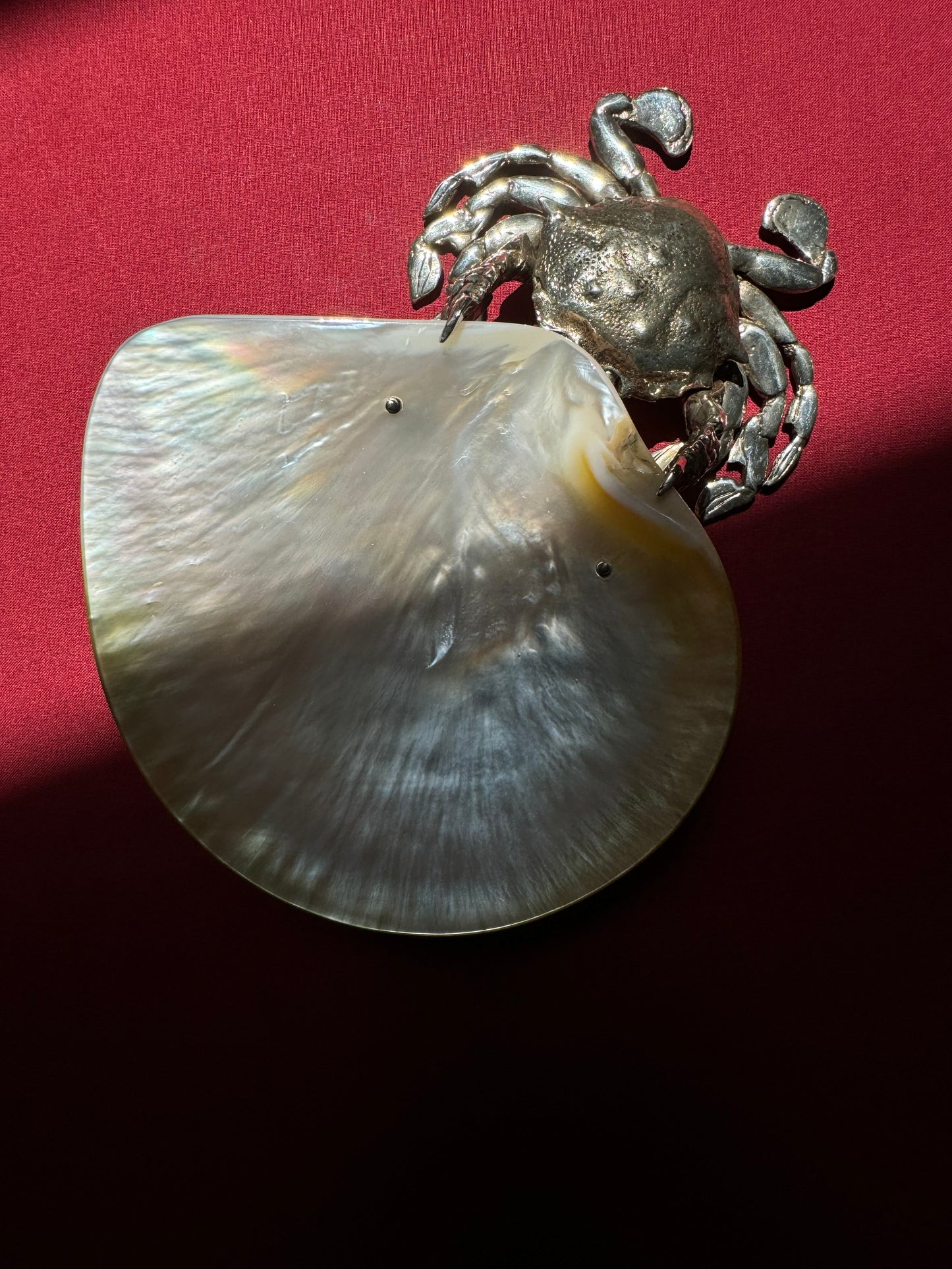 Vintage silver plated crab with oyster shell dish.