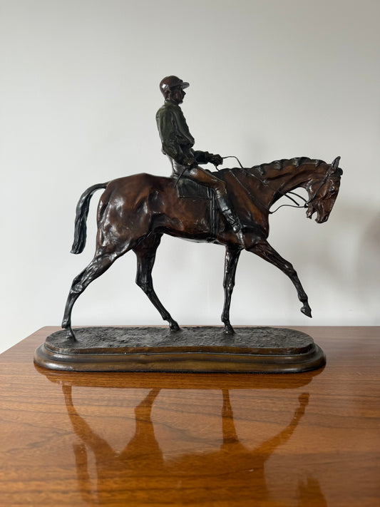 Horse and Jockey Patinated Bronze Sculpture - Signed Pierre - Jules Mene