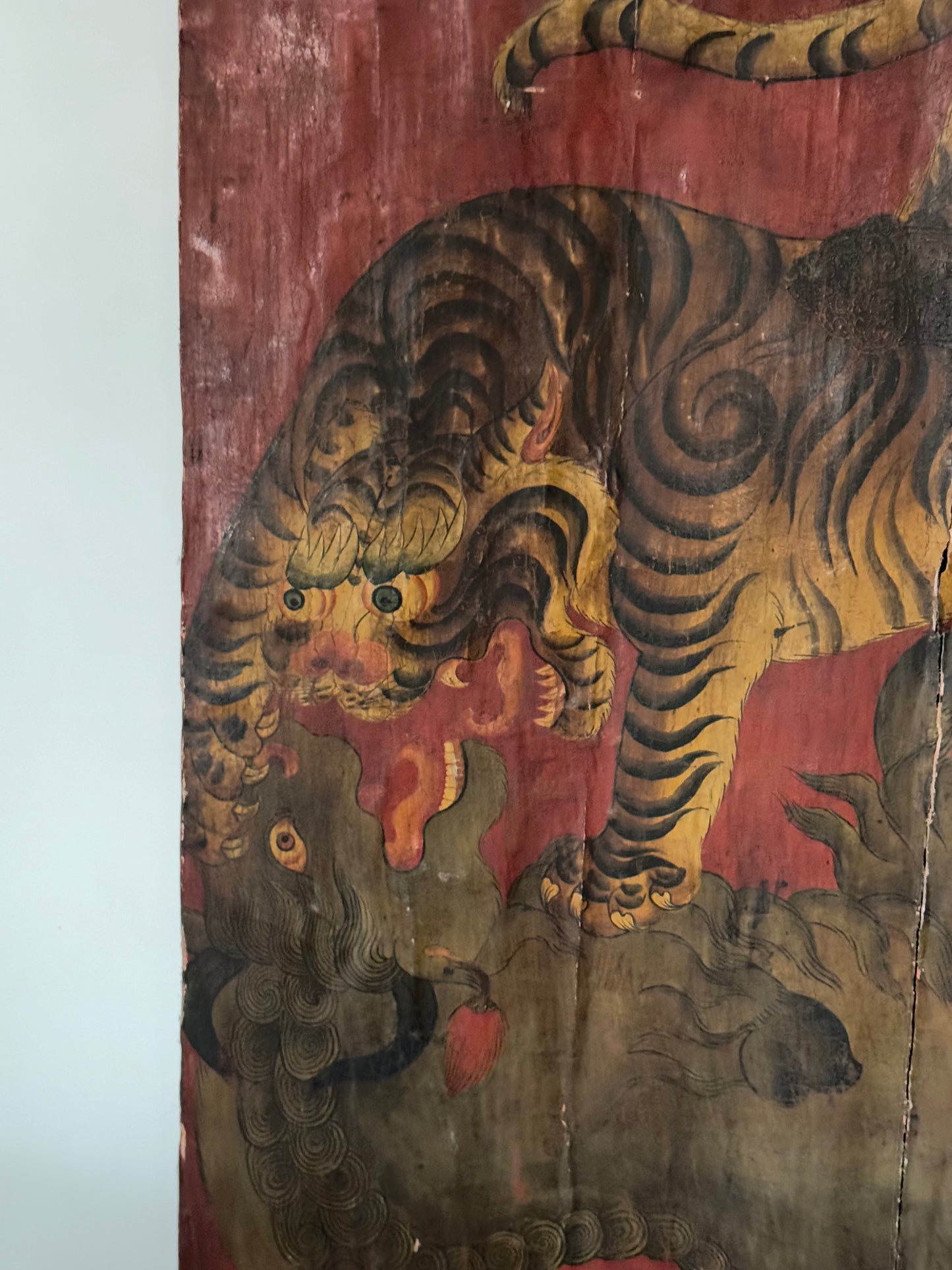 Antique Tibetan Painted Door Panel Tiger Red