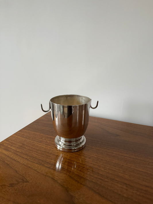 Small silver plated, vintage ice bucket with curious hooked handles