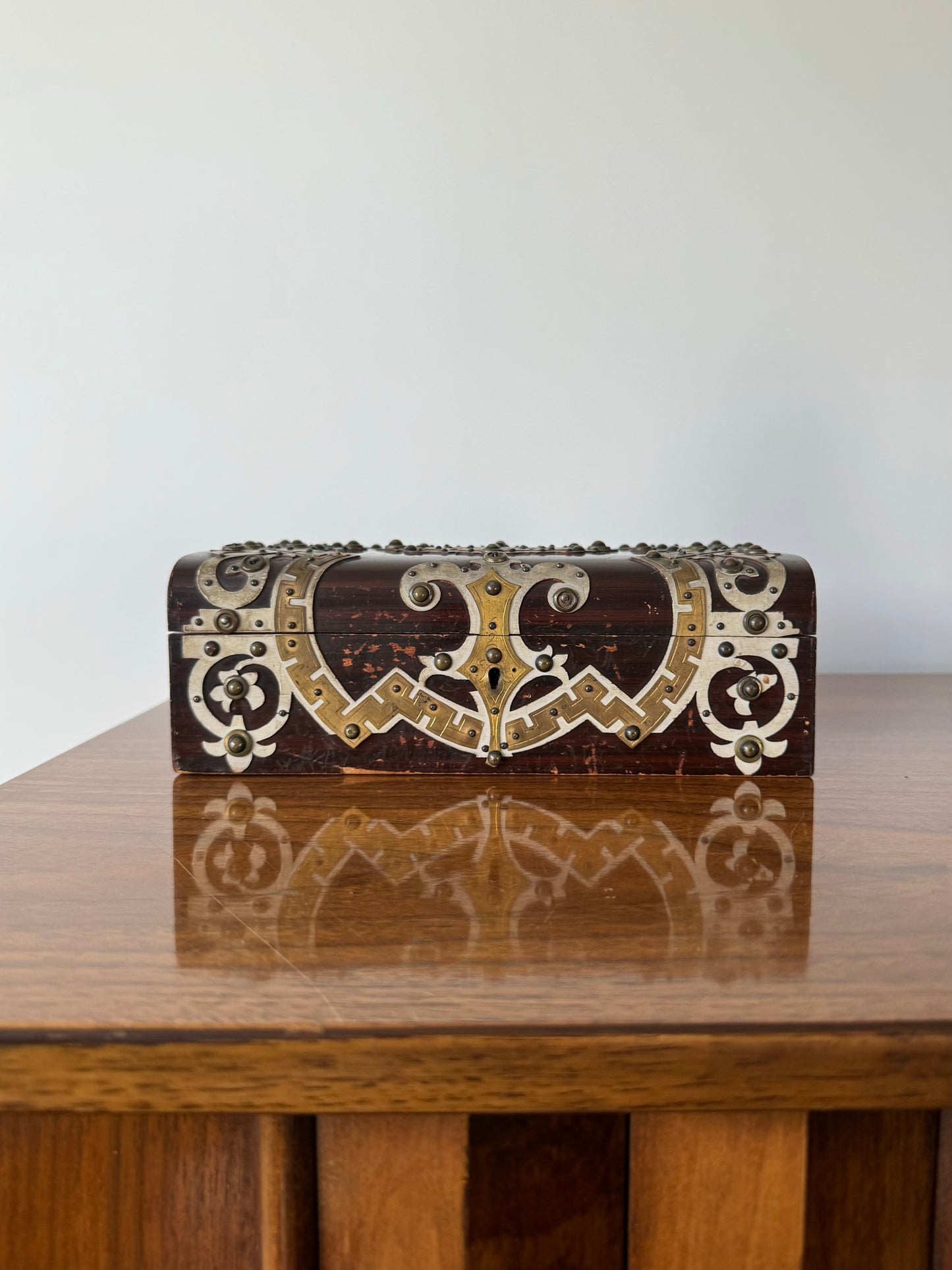 Antique wooden box with brass detail applied overlay adornment