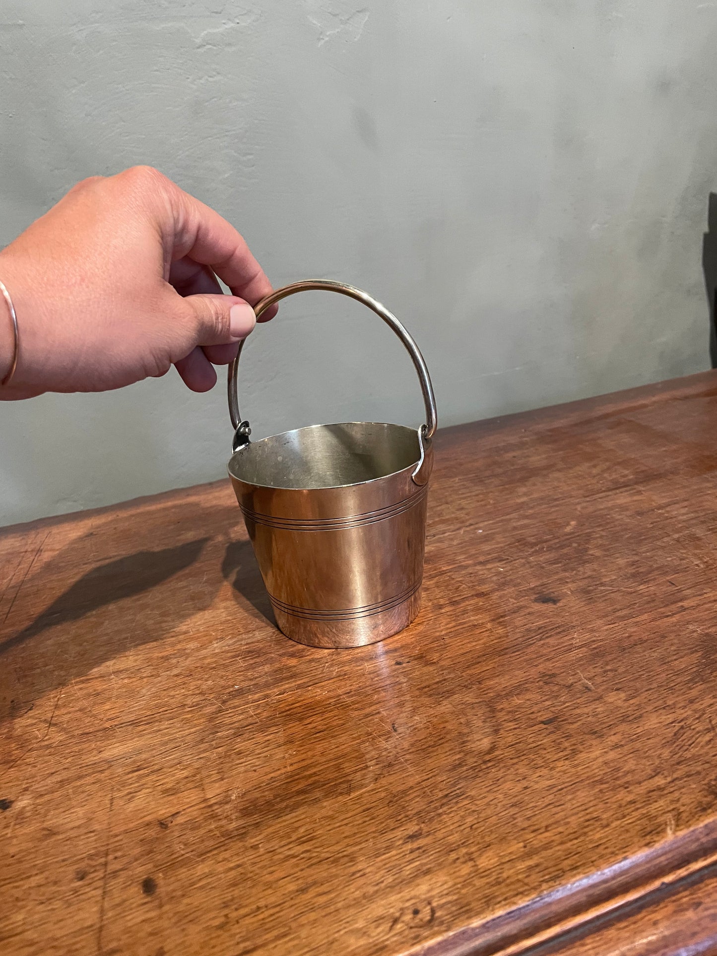 Art Deco small individual ice bucket double banded with handle Marked Toledo