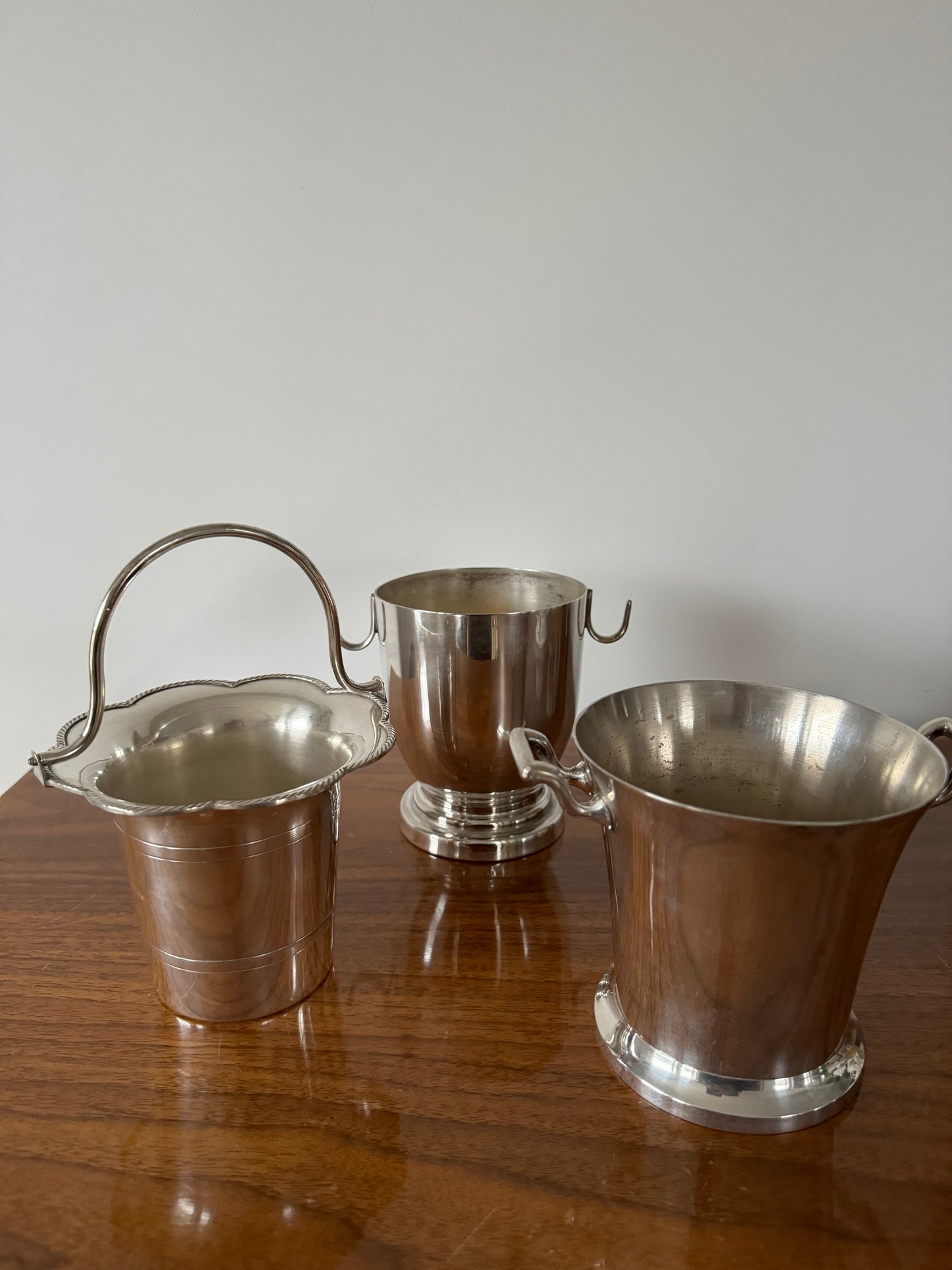 Small silver plated, vintage ice bucket with curious hooked handles