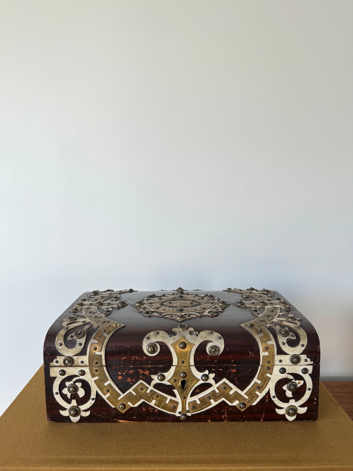 Antique wooden box with brass detail applied overlay adornment