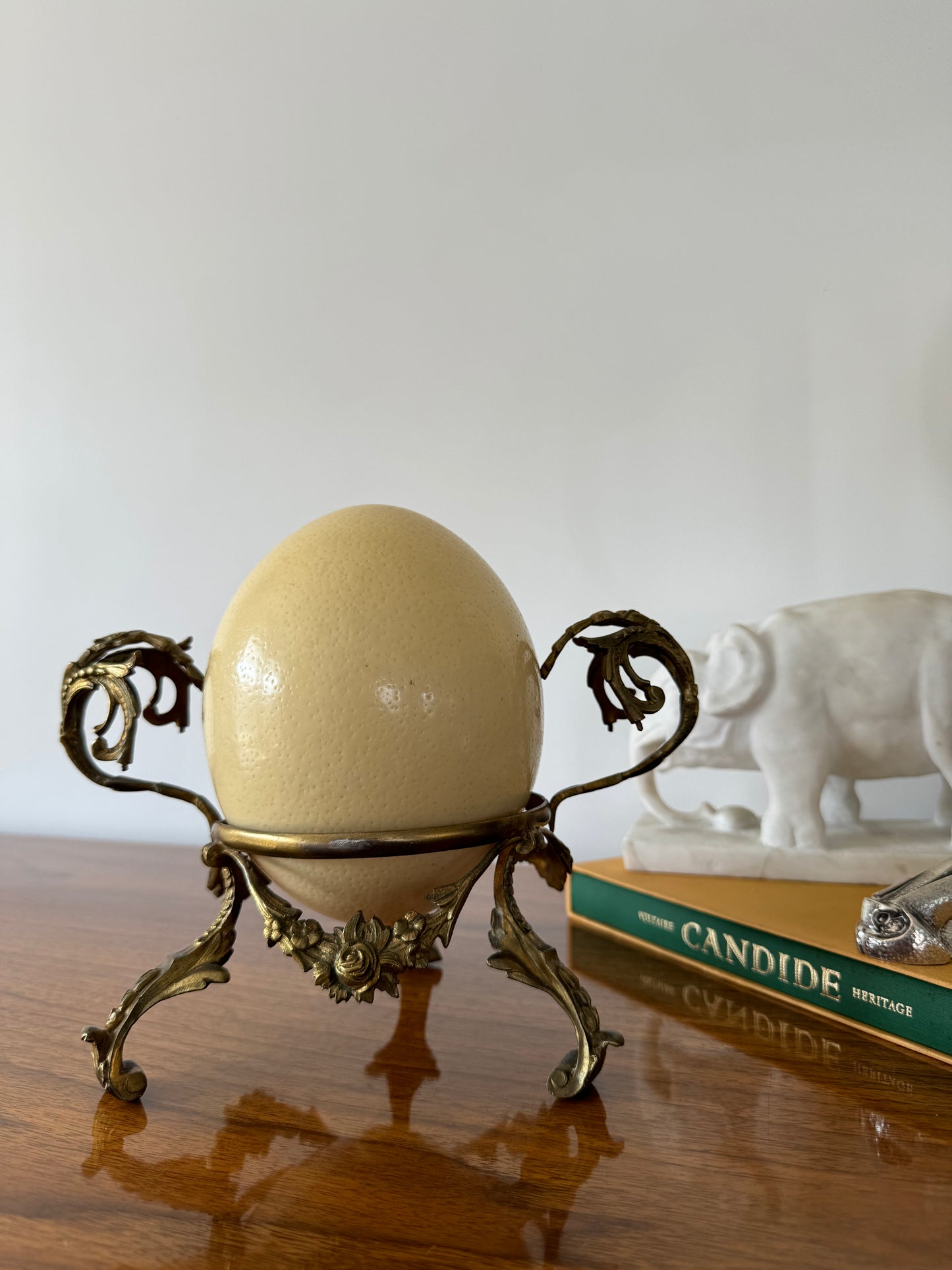 Antique late 19th century ostrich egg on foliate gilt bronze base