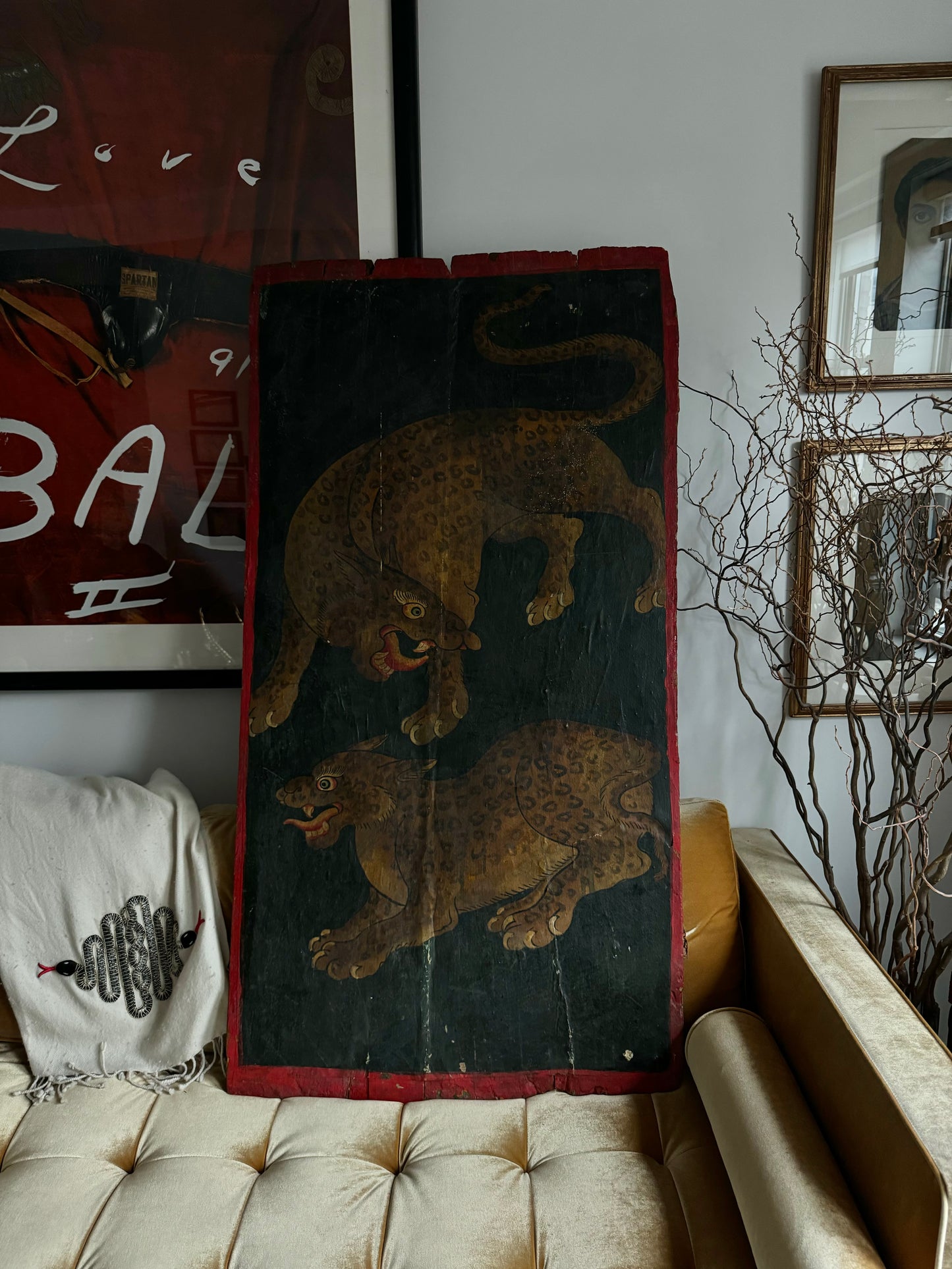 Antique Tibetan Painted Door Panel Leopards