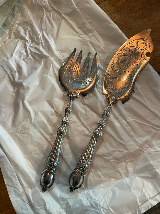 Antique WMF Rococo Style Engraved Fish Design Fish Serving Set (2 pieces)