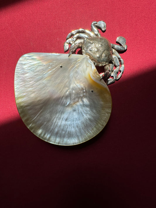 Vintage silver plated crab with oyster shell dish.