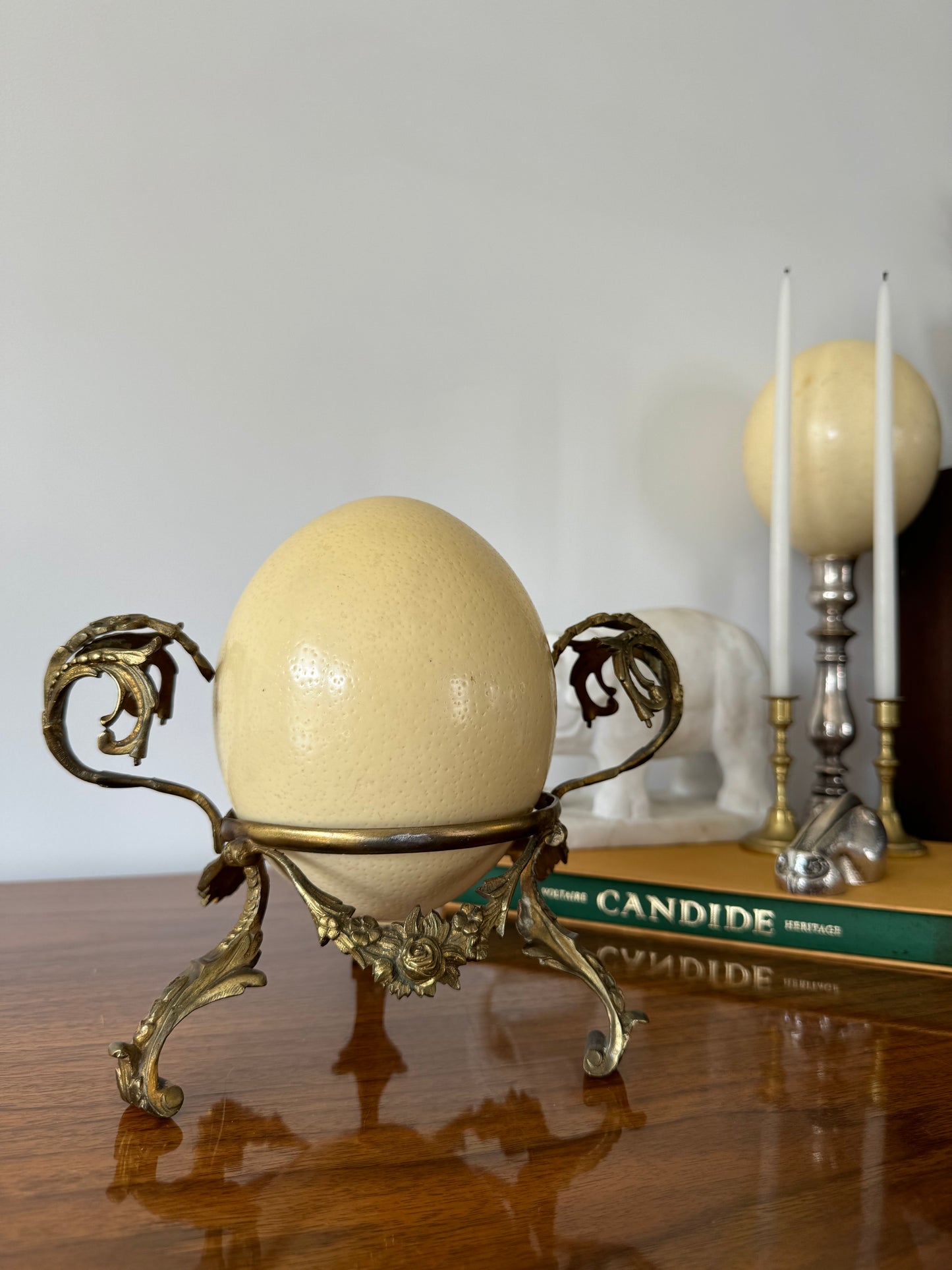 Antique late 19th century ostrich egg on foliate gilt bronze base