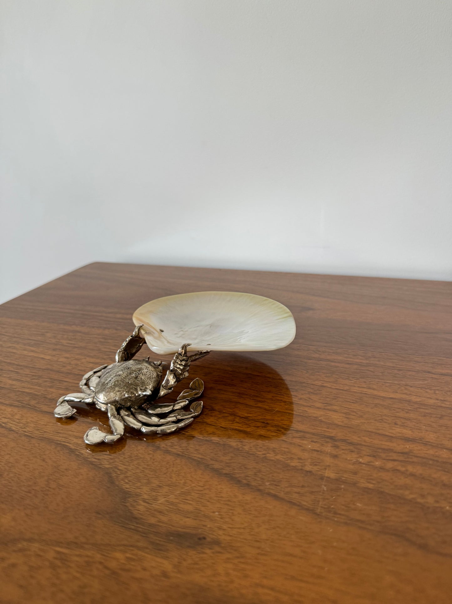 Vintage silver plated crab with oyster shell dish.