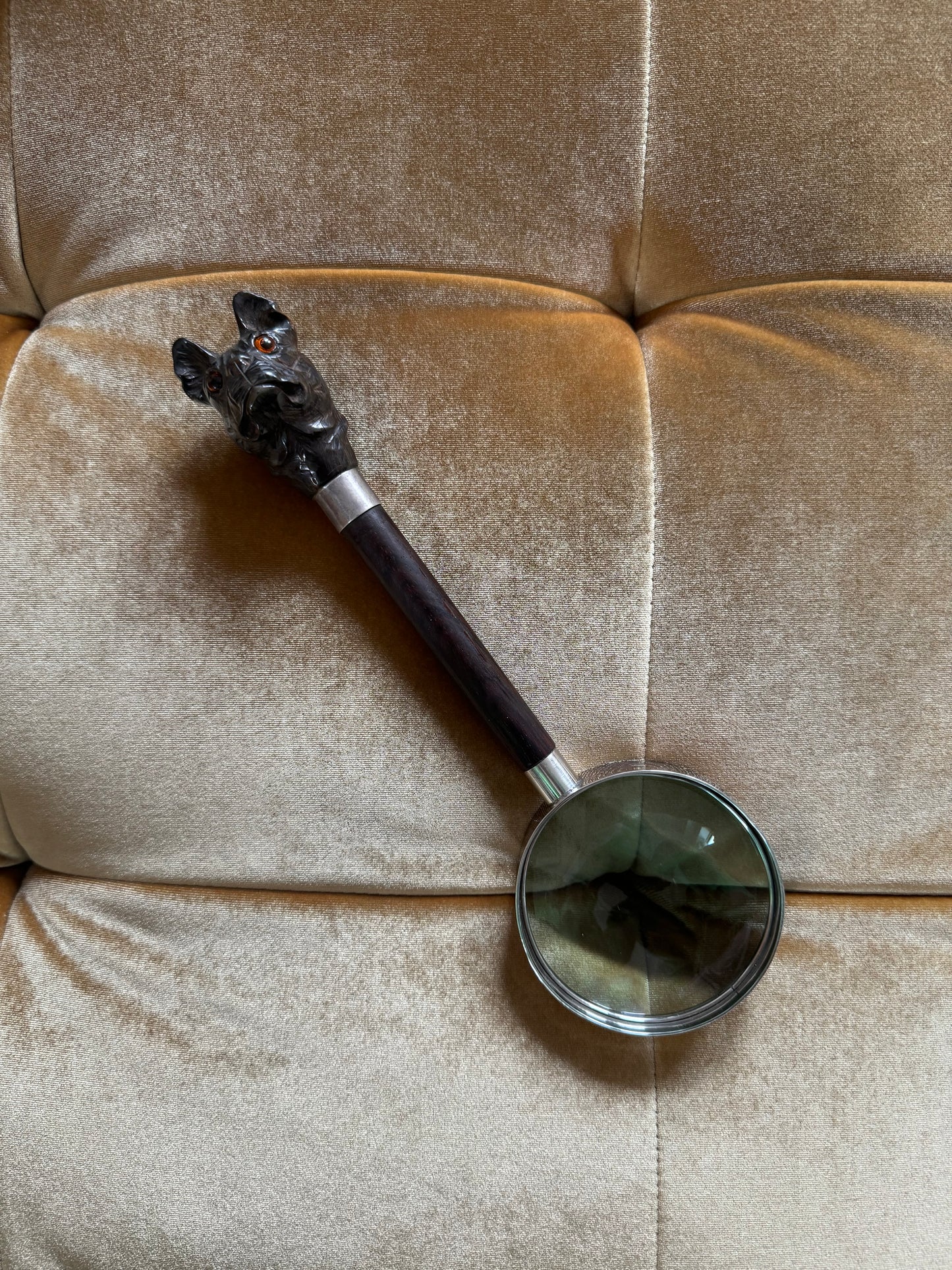 Antique Carved Wooden Bulldog and Sterling Silver Magnifying Glass