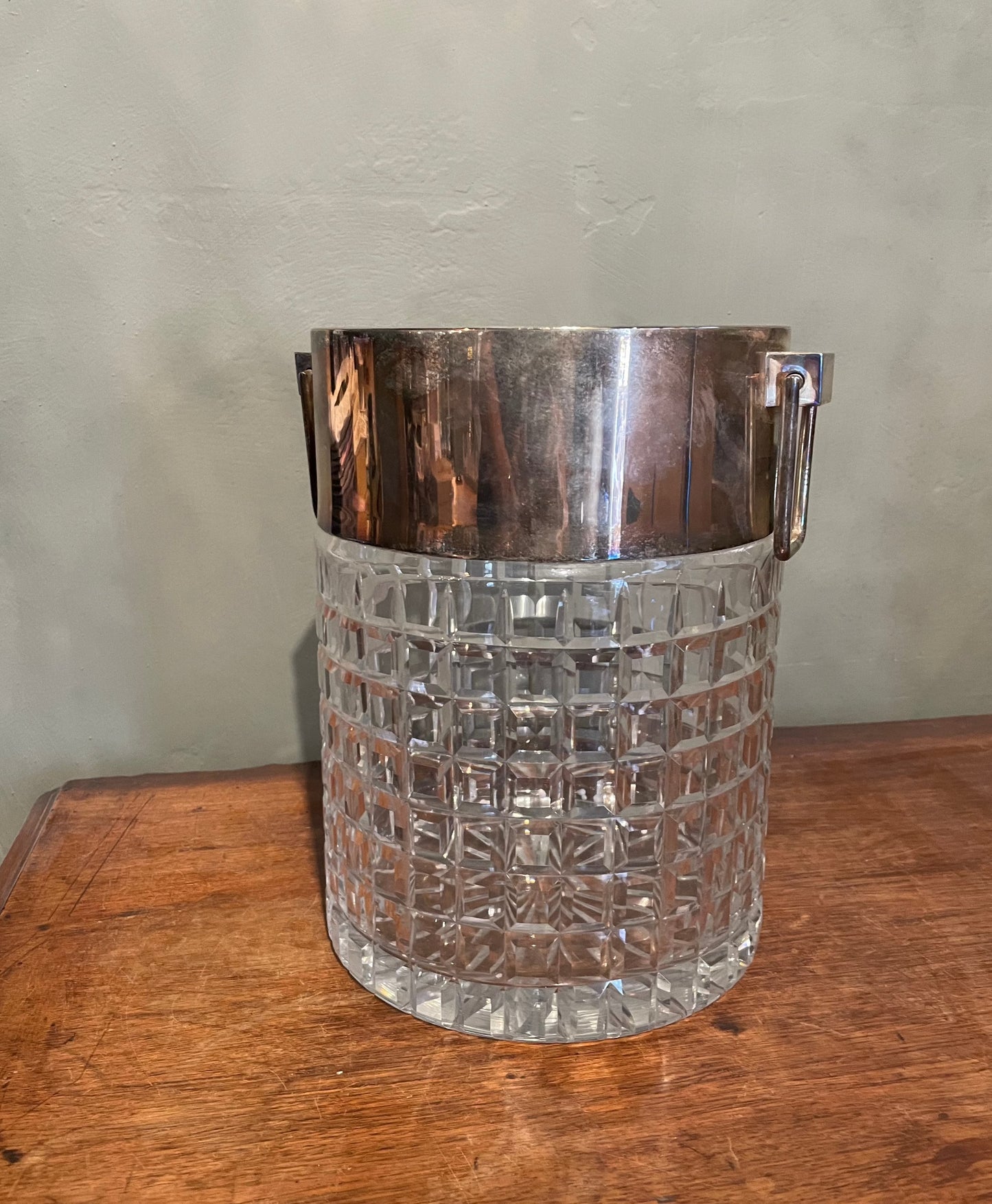 Large Midcentury Glam Hollywood Regency Vintage crystal Champagne Bucket and Wine Cooler with coffering on crystal and silver plated metal collar