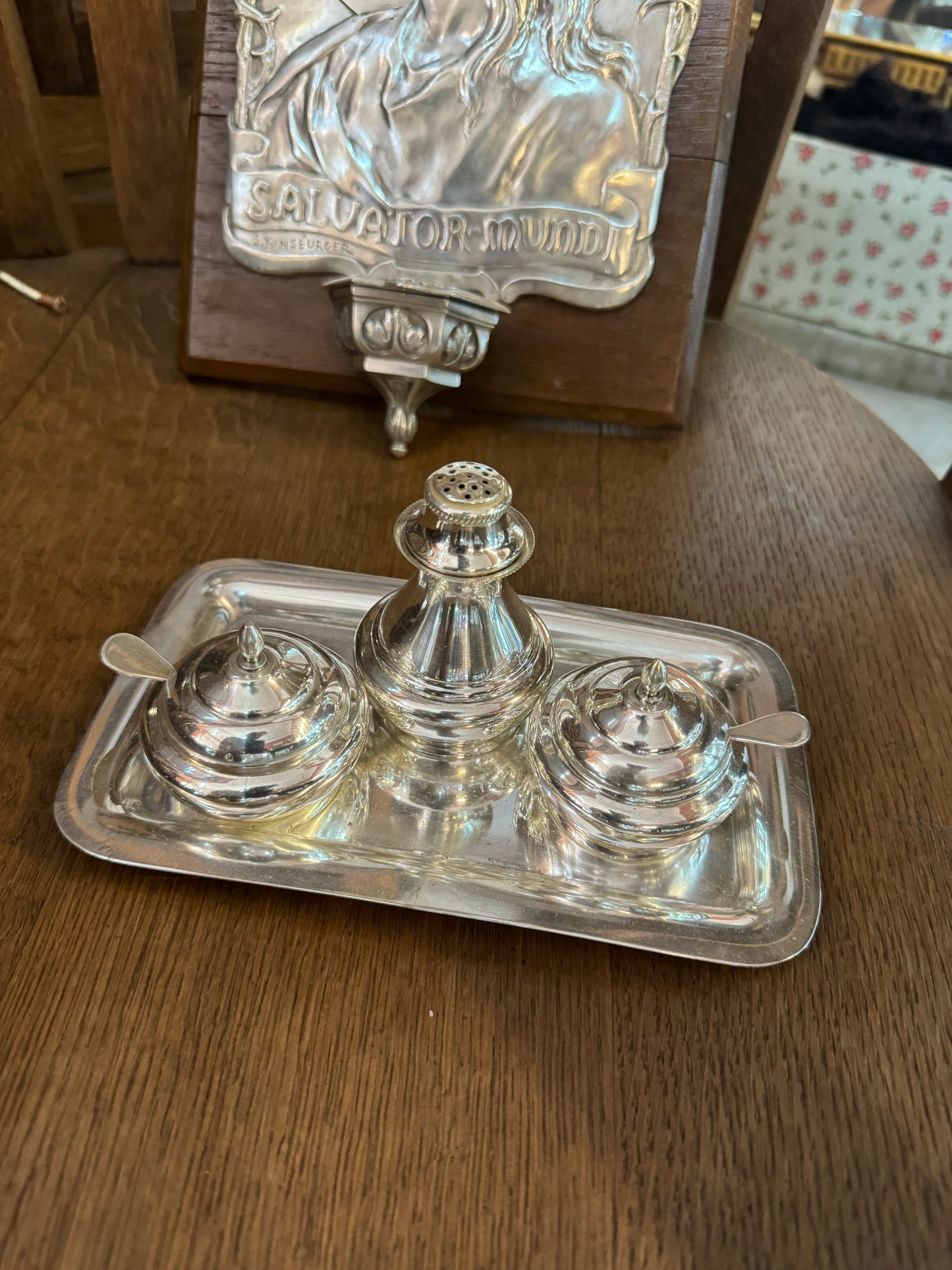 English Silver plated, salt, and pepper set on tray marked Devon