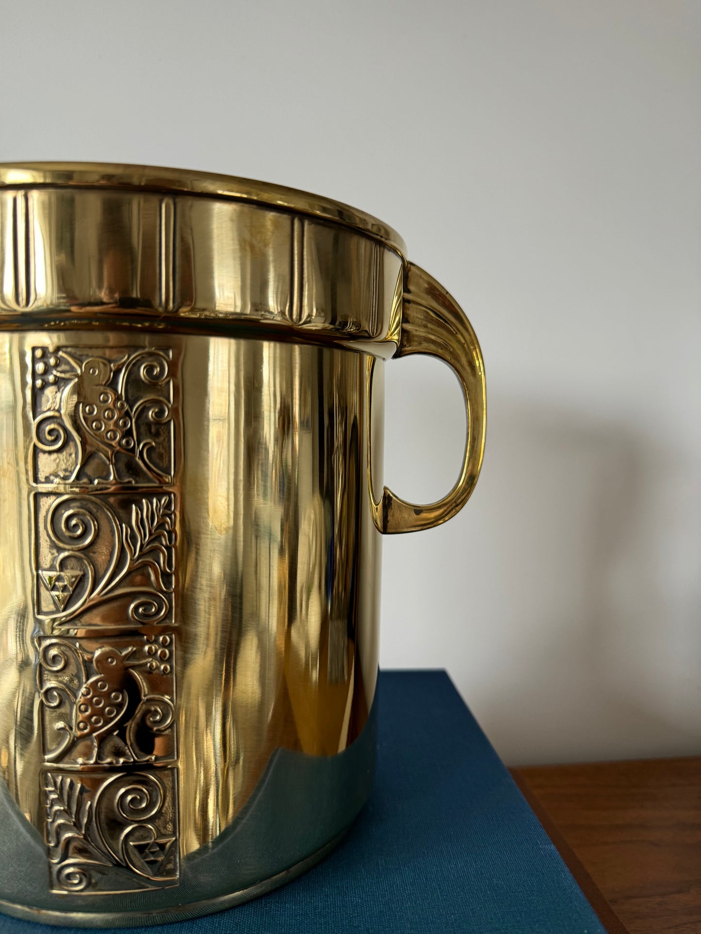 Large Brass Arts and Crafts Ice Bucket with Bird Motif