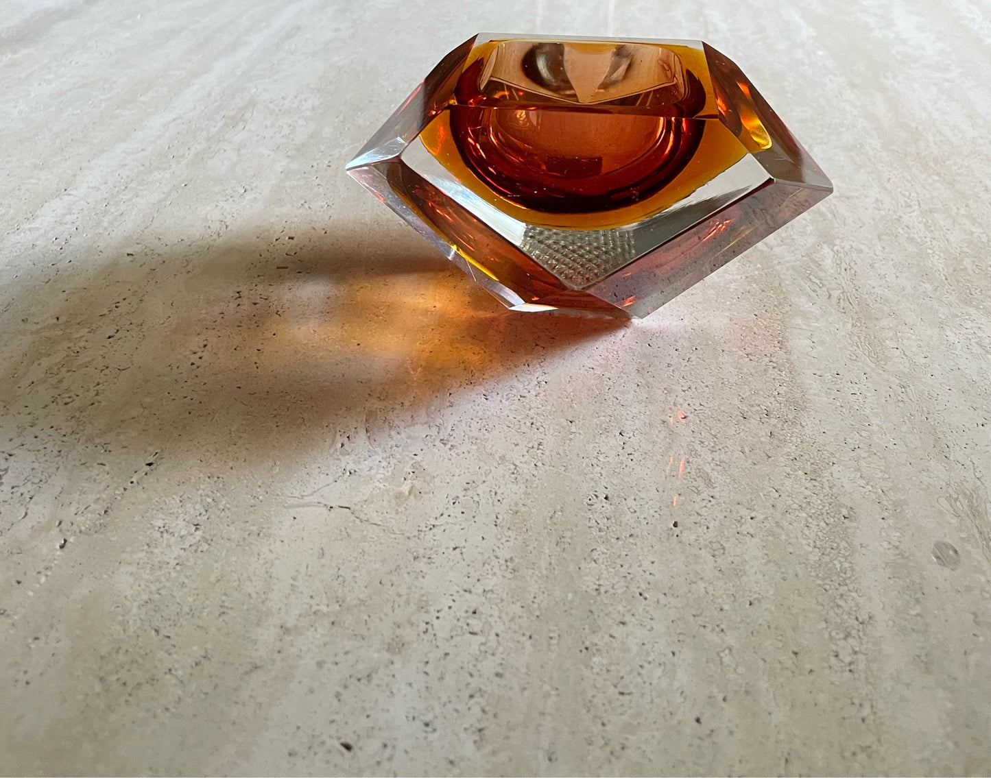 Vintage Murano Glass Faceted Diamond Sommerso Ashtray Trinket tray by Flavio Poli in Amber Brown Clear Color