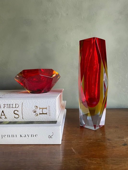 Pair of Vintage Murano Glass Pieces. Faceted Diamond Sommerso Ashtray Trinket Tray and Bud Vase by Flavio Poli in Red Orange Clear Color (2 pieces)