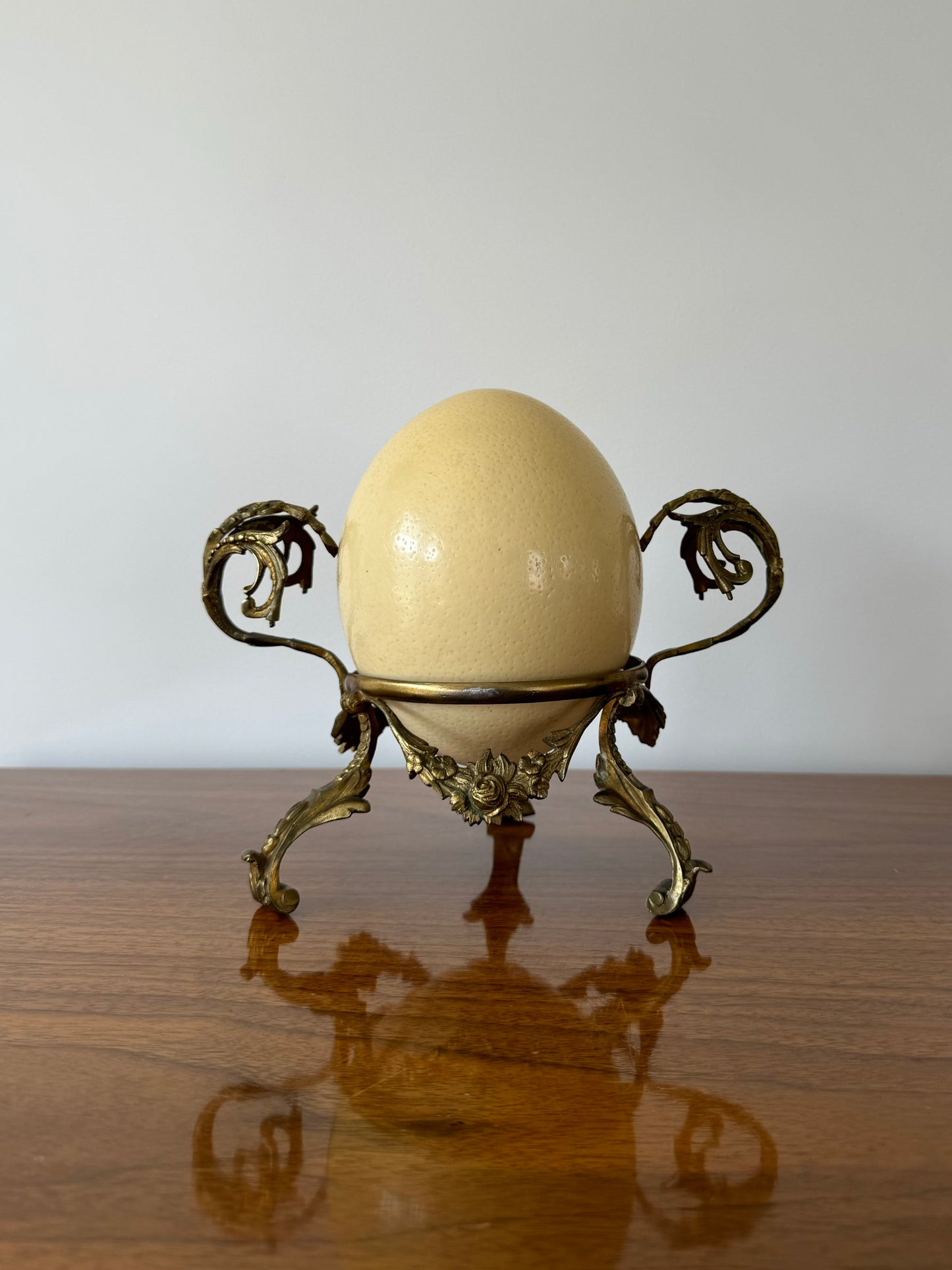 Antique late 19th century ostrich egg on foliate gilt bronze base