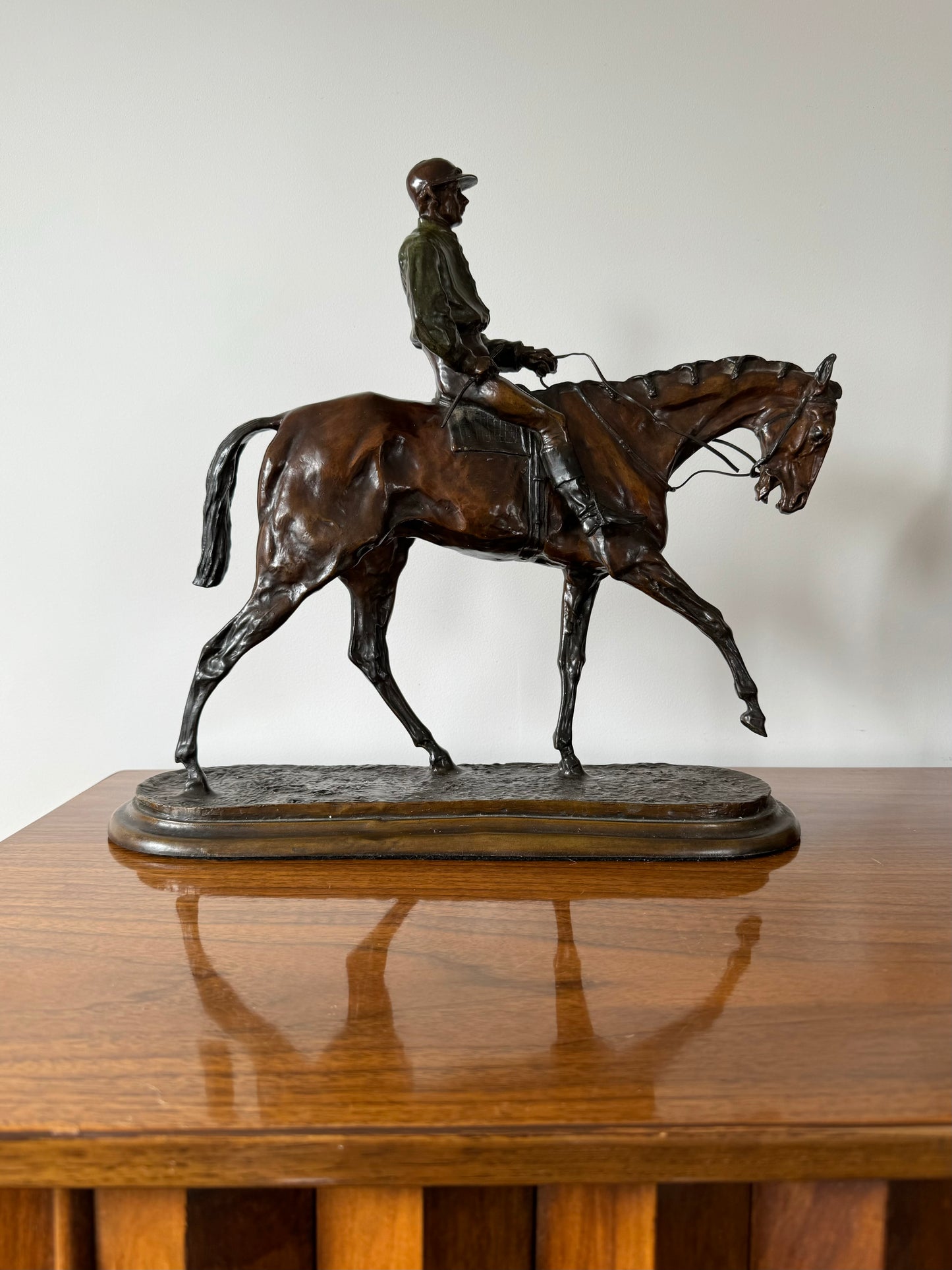 Horse and Jockey Patinated Bronze Sculpture - Signed Pierre - Jules Mene