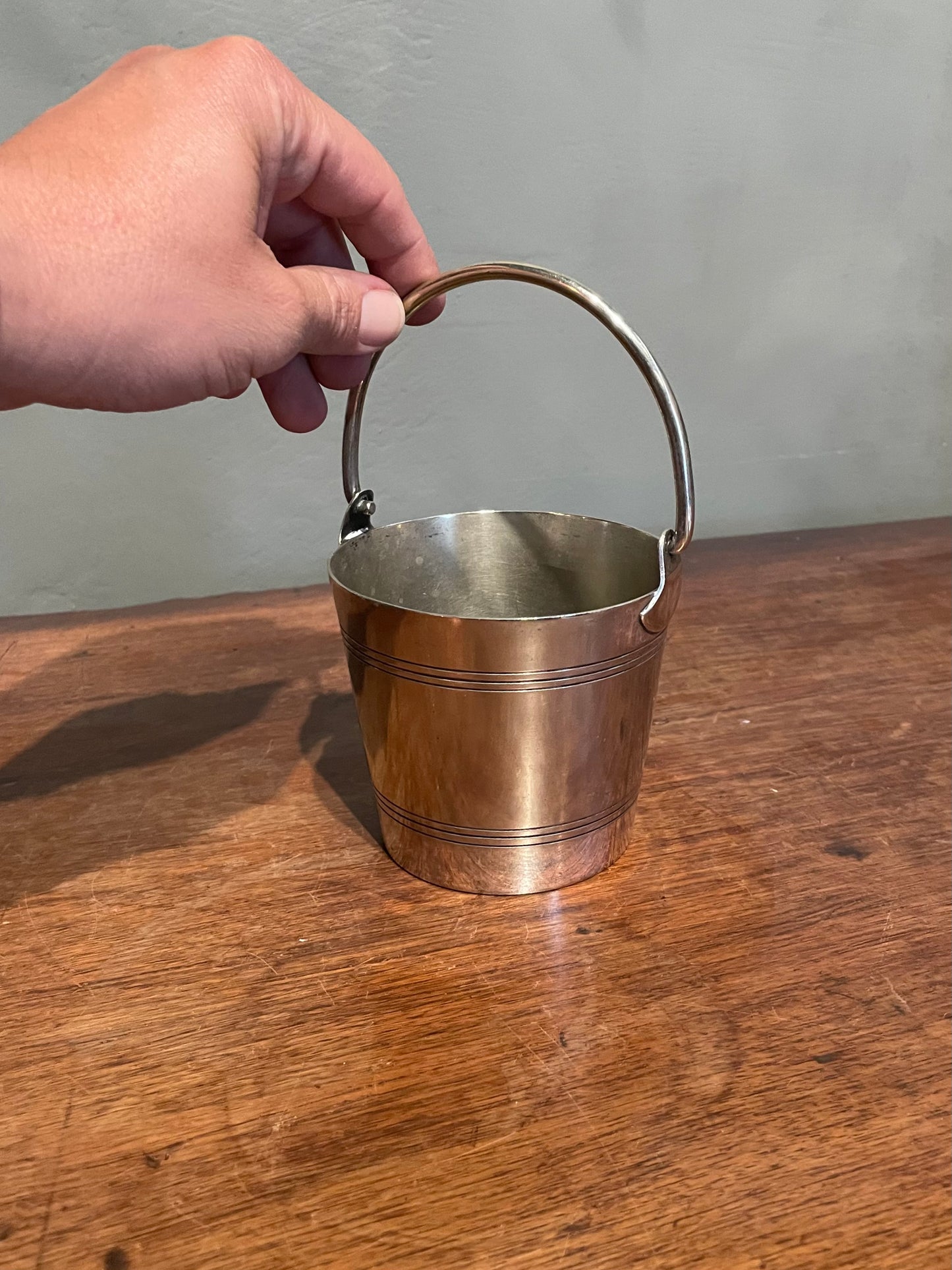 Art Deco small individual ice bucket double banded with handle Marked Toledo