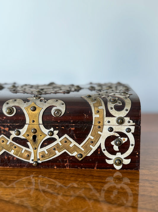 Antique wooden box with brass detail applied overlay adornment