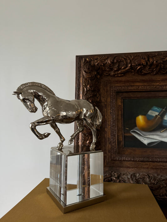 Chrome Finish Trotting horse on Lucite Base Hollywood Regency Style