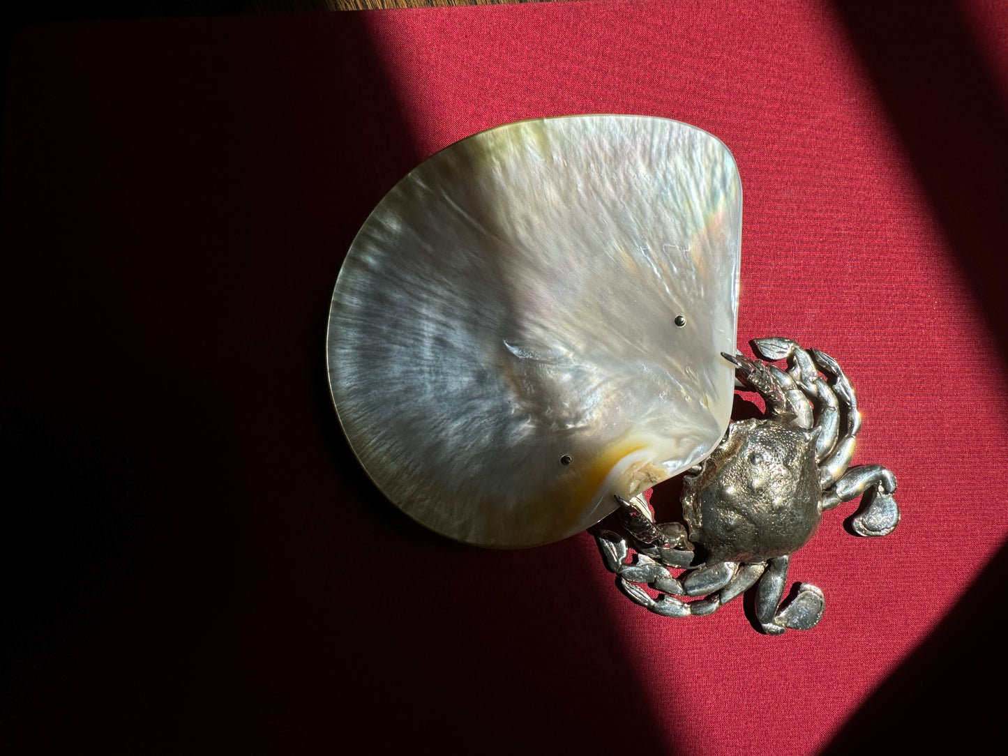 Vintage silver plated crab with oyster shell dish.