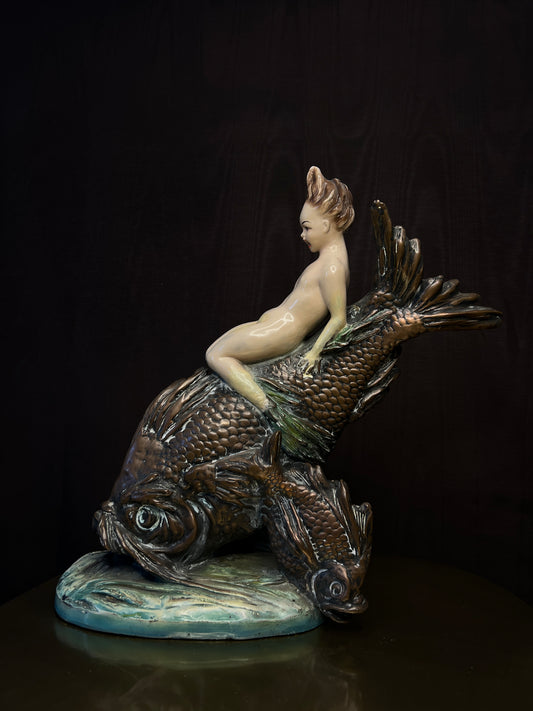 Antique Bronze & Ceramic Figural Sculpture Centerpiece - Mermaid Child Riding Fish