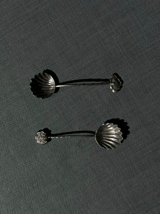 Antique Silver Shell-shaped Salt Spoons with Twisted Handles - Pair