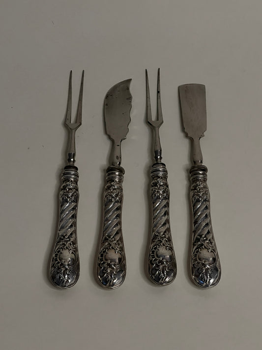 Antique German Sterling Silver Appetizer Serving Utensils with Ornate Rococo Design - Set of 4